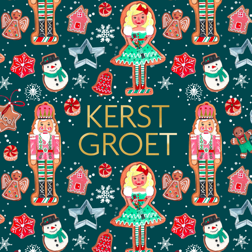 Kerstkaarten - Kerstkaart notenkraker koekjes met sneeuw