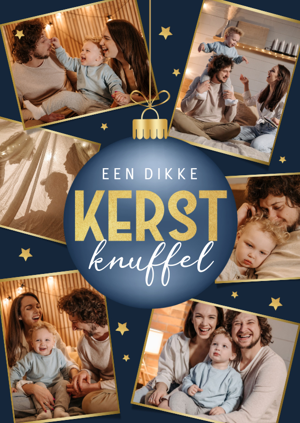 Kerstkaarten - Kerstkaart persoonlijk fotocollage goud sterren kerstbal 