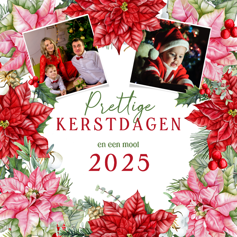 Kerstkaarten - Kerstkaart rode en roze kerstbloemen kerstster