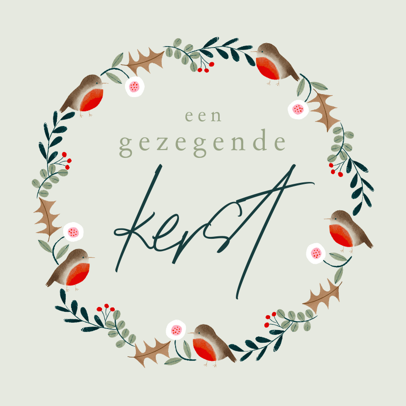 Kerstkaarten - Kerstkaart roodborstjes kerstkrans gezegende kerst groen