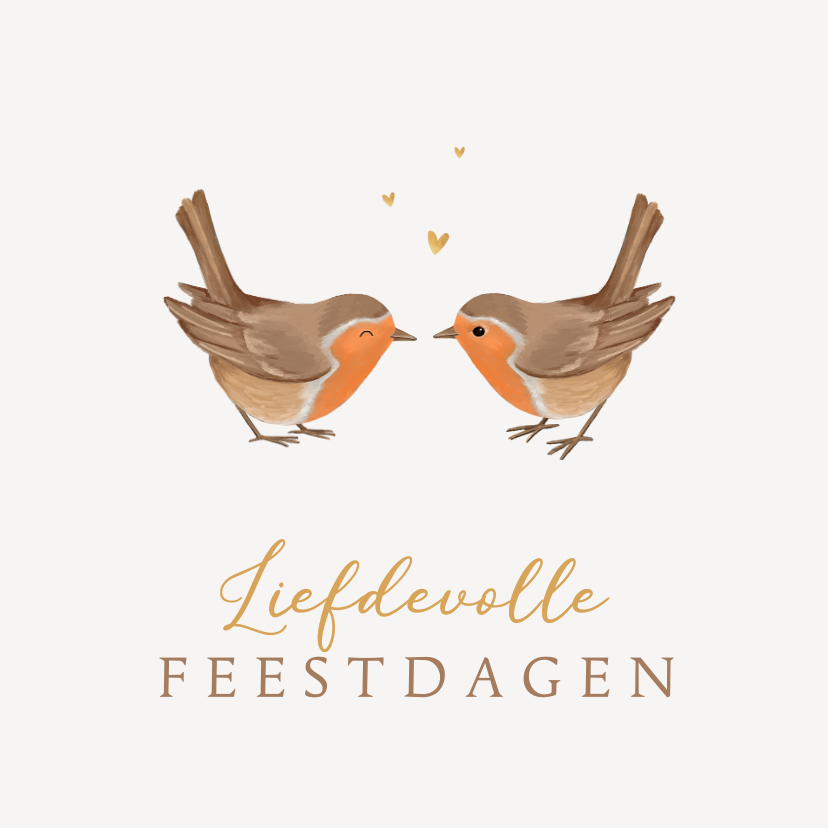 Kerstkaarten - Kerstkaart roodborstjes liefdevol hartjes goud