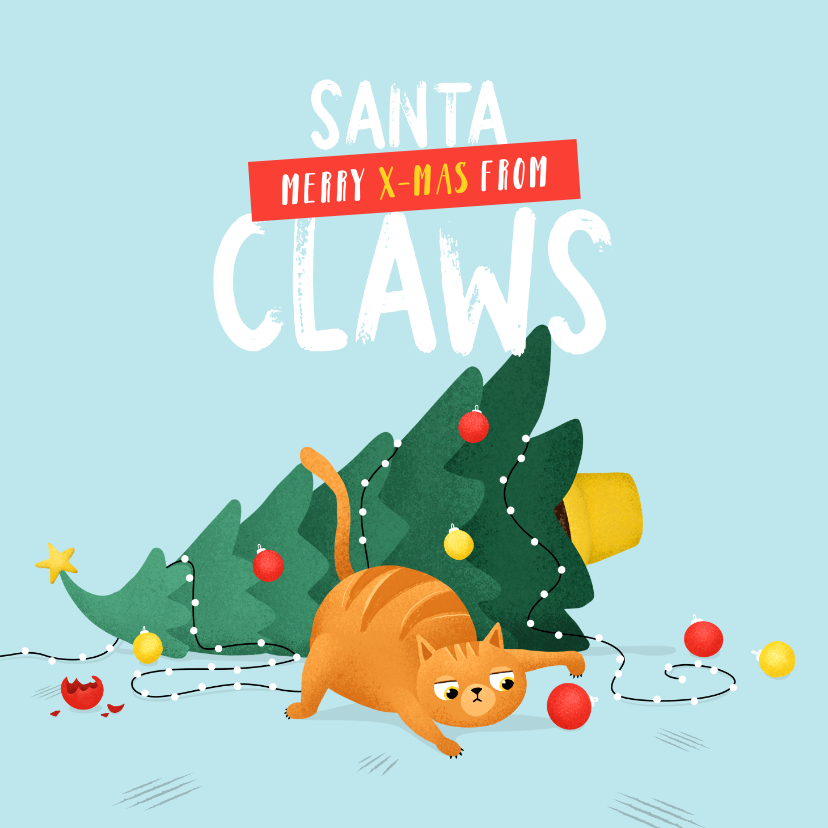 Kerstkaarten - Kerstkaart santa claws kat boom humor illustratie