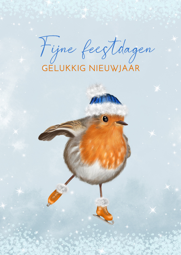 Kerstkaarten - Kerstkaart schaatsend roodborstje met muts