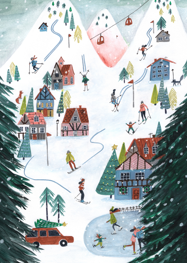 Kerstkaarten - Kerstkaart ski landschap illustratie