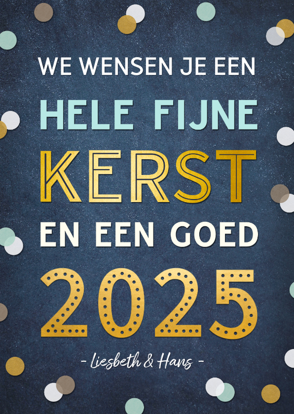 Kerstkaarten -  Kerstkaart staand met vrolijke gouden tekst 2025 & confetti