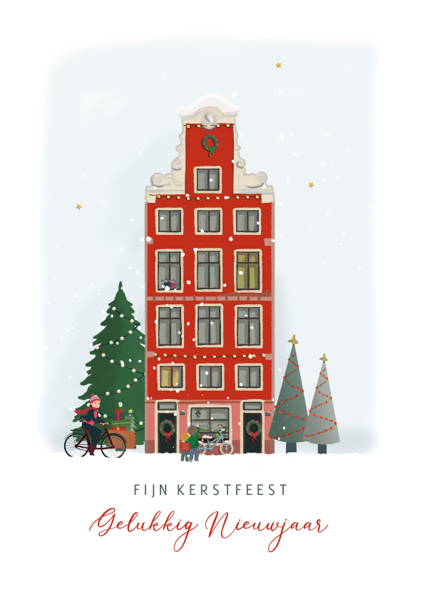 Kerstkaarten - Kerstkaart stadshuis met kerstbomen