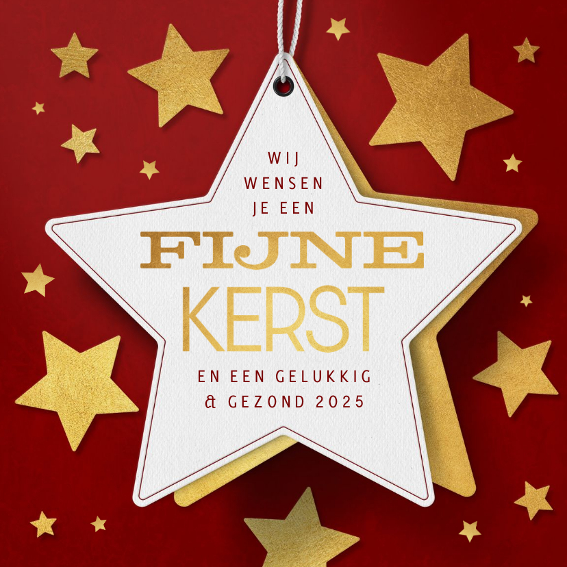 Kerstkaarten - Kerstkaart ster label rood goud sterren fijne kerst