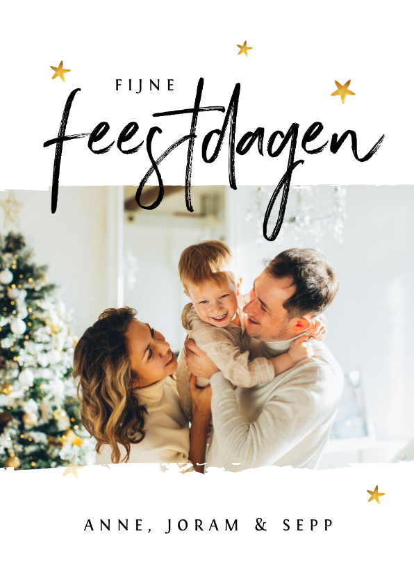 Kerstkaarten - Kerstkaart tekst 'fijne feestdagen' foto sterren goud 