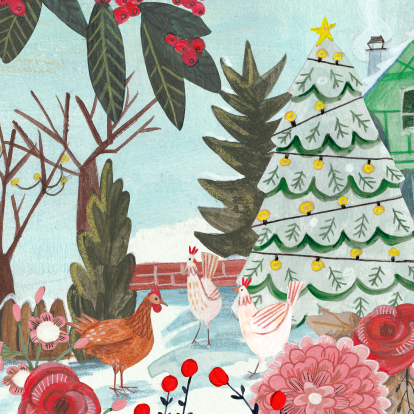 Kerstkaarten - Kerstkaart 'three french hens' illustratie