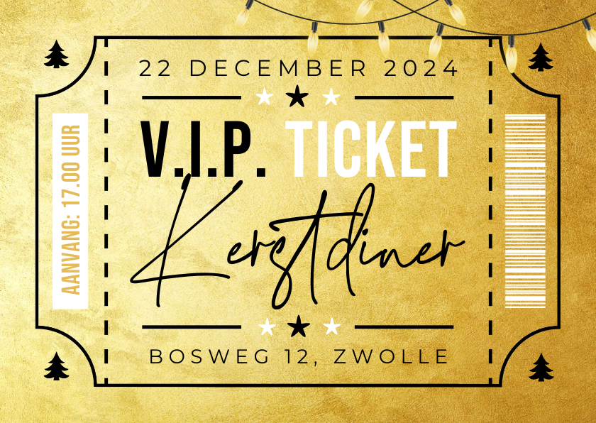 Kerstkaarten - Kerstkaart ticket kerstdiner goud VIP party