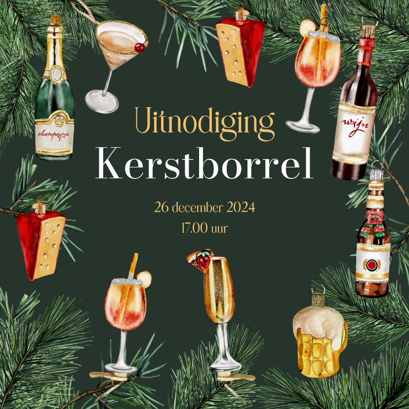 Kerstkaarten - Kerstkaart uitnodiging kerstborrel ornamenten