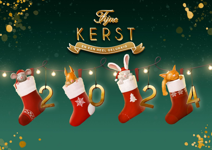 Kerstkaarten - Kerstkaart vier slapende diertjes in kerstsokken 2025