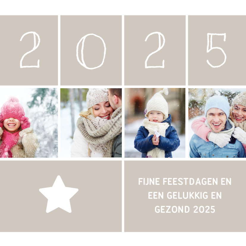 Kerstkaarten - Kerstkaart vierkant met foto's, ster en jaartal 2025