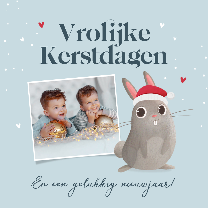 Kerstkaarten - Kerstkaart voor kinderen konijn hartjes foto vrolijk