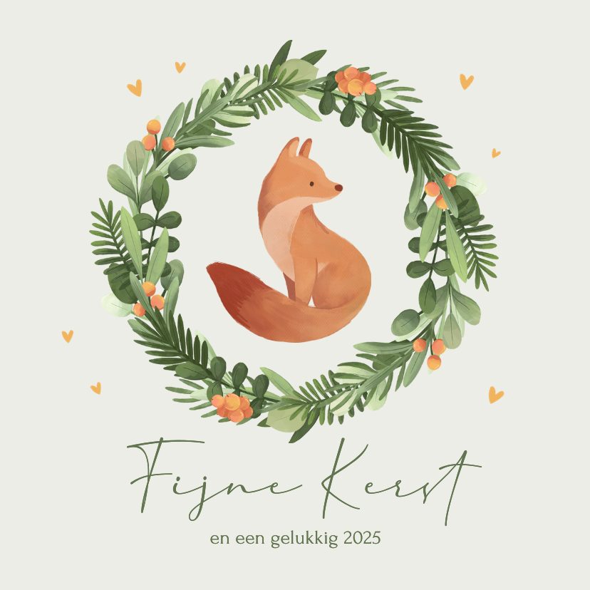 Kerstkaarten - Kerstkaart vos fijne kerst kerstkrans winter illustratie