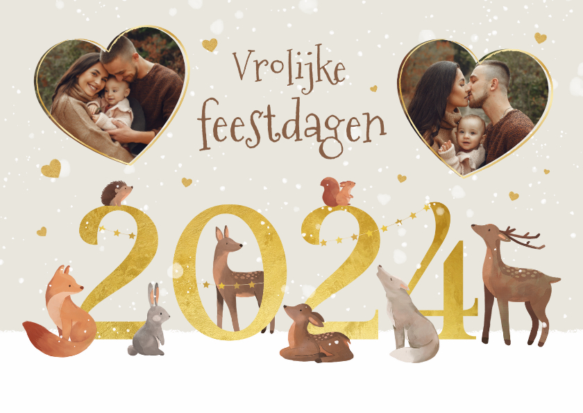 Kerstkaarten - Kerstkaart vrolijke dieren 2025 jaartal liefde hartjes