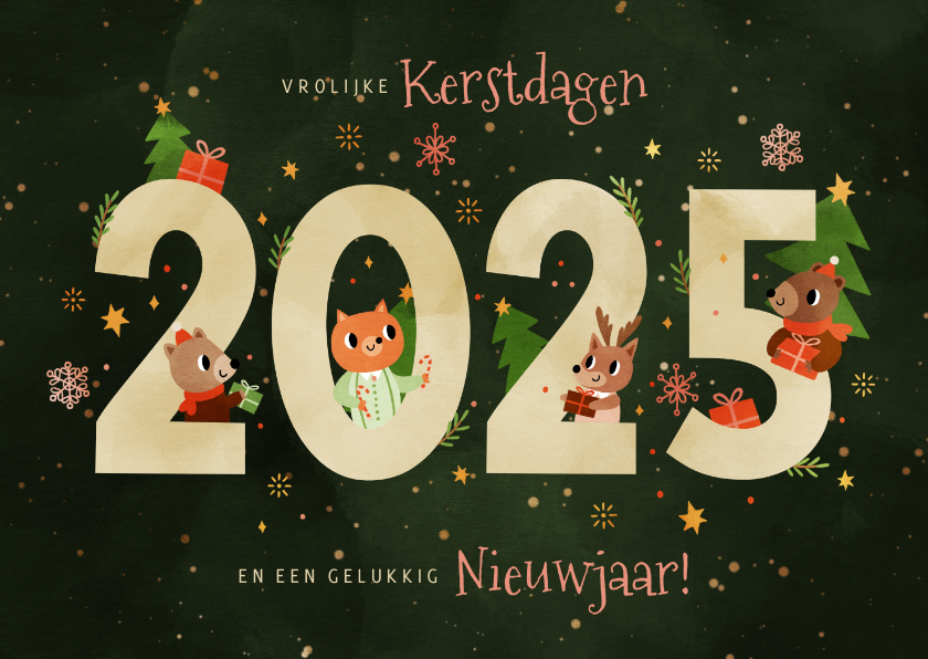 Kerstkaarten - Kerstkaart vrolijke diertjes met cadeaus 2025 donkergroen 