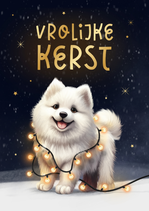 Kerstkaarten - Kerstkaart vrolijke kerst hond Samojeed puppy winter lampjes