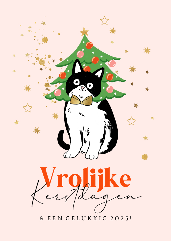 Kerstkaarten - Kerstkaart vrolijke kerstdagen illustratie kat goud sterren