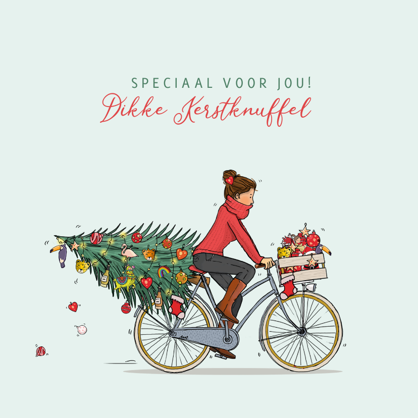 Kerstkaarten - Kerstkaart vrouw met fiets kerstboom