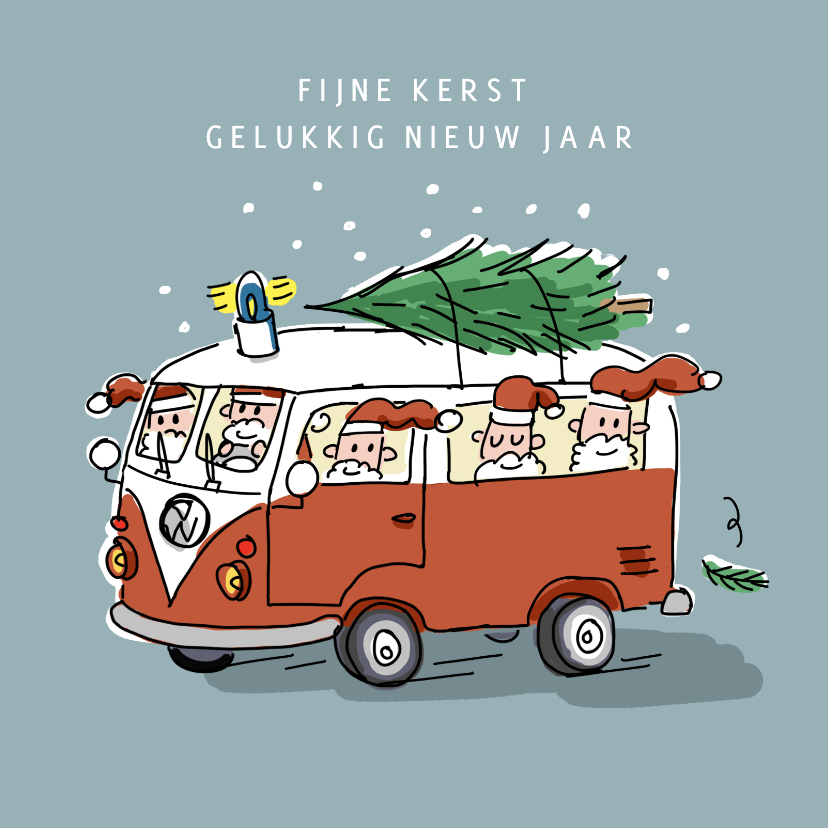 Kerstkaarten - Kerstkaart vw busje met kerstmannen en kerstboom