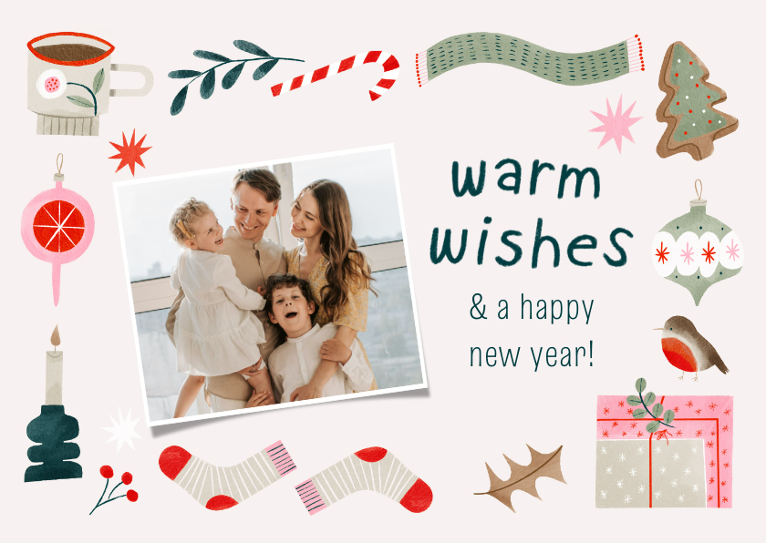 Kerstkaarten - Kerstkaart warm wishes foto en vrolijke kerst illustraties