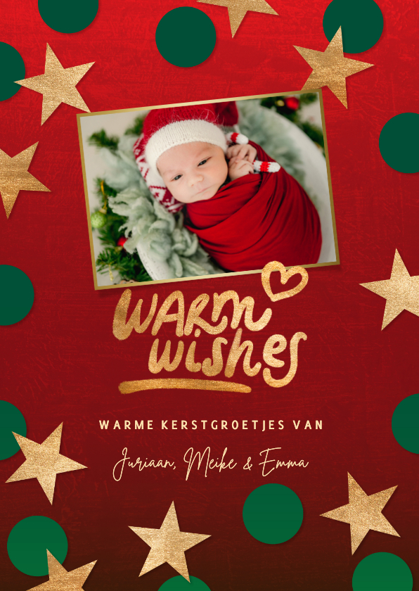 Kerstkaarten - Kerstkaart 'Warm wishes' met foto en sterren