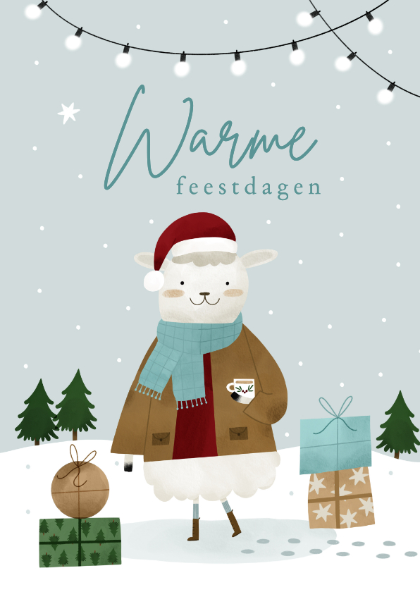 Kerstkaarten - Kerstkaart warme feestdagen schaap sneeuw illustratie