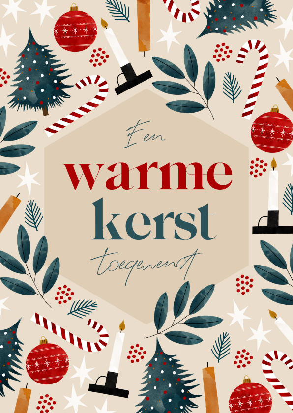 Kerstkaarten - Kerstkaart warme kerst met illustraties kerstboom kerstbal