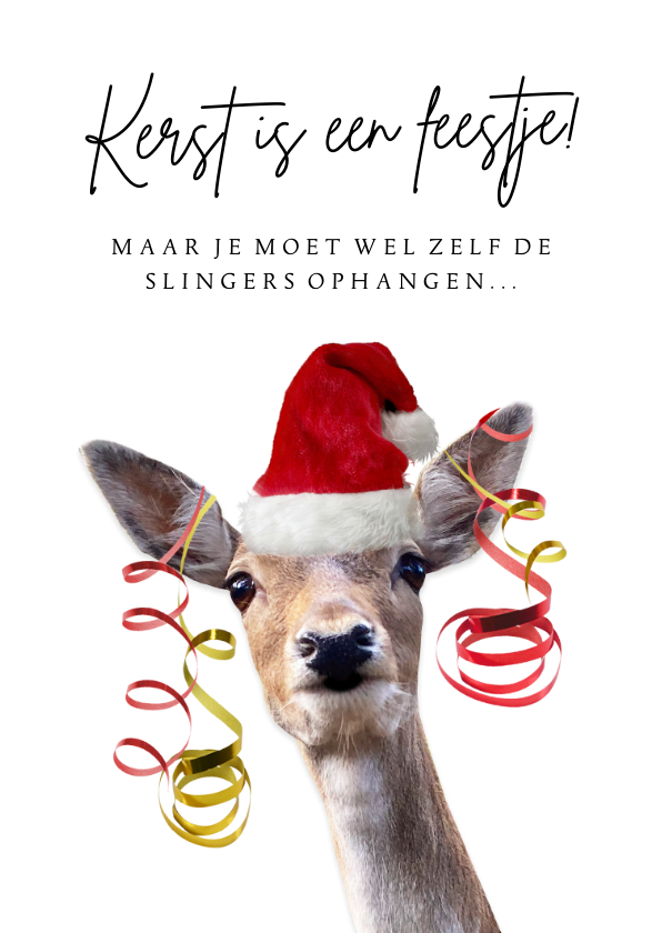 Kerstkaarten - Kerstkaart zelf de slingers ophangen met hert met kerstmuts