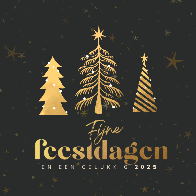 Kerstkaarten - Kerstkaart zwarte sterrenhemel met gouden kerstbomen