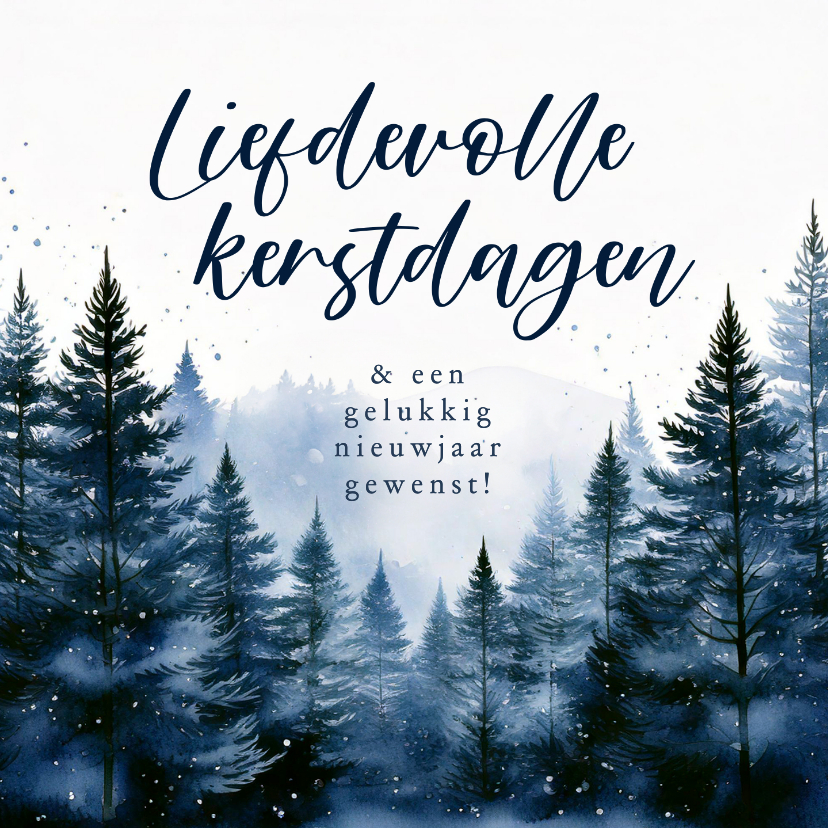 Kerstkaarten - Kerstkaartje donkerblauw met kerstbomen landschap liefdevol