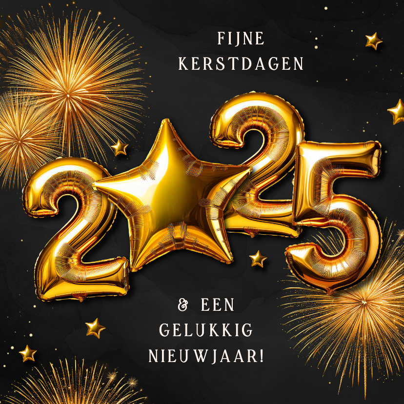 Kerstkaarten - Kerstkaartje folieballonnen 2025 ster goud vuurwerk 