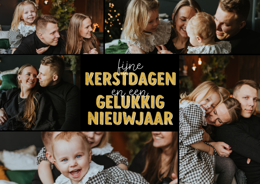 Kerstkaarten - Kerstkaartje fotocollage met zes foto's en gouden tekst