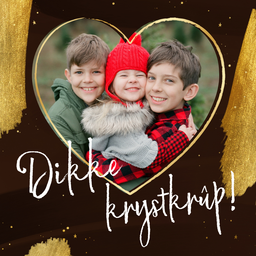 Kerstkaarten - Kerstkaartje Fries dikke krystkrûp met foto in hart bruin