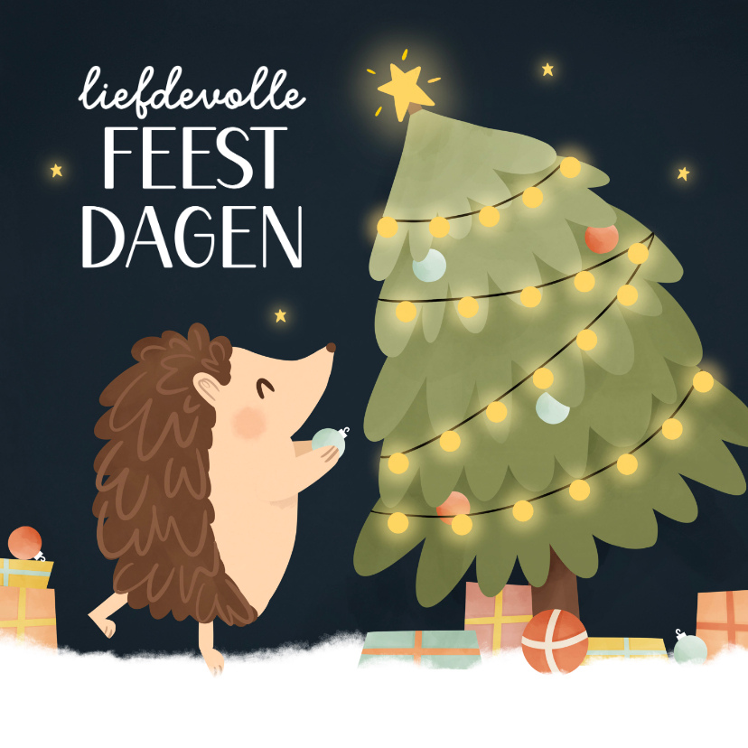 Kerstkaarten - Kerstkaartje met egel kerstboom en cadeaus donker sneeuw