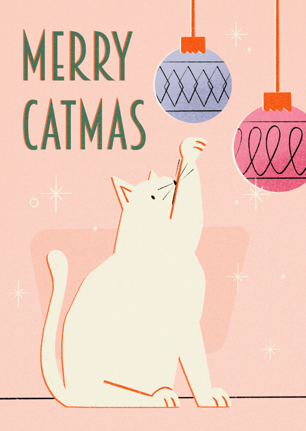 Kerstkaarten - Kerstkaartje retro met kat en kerstballen merry catmas