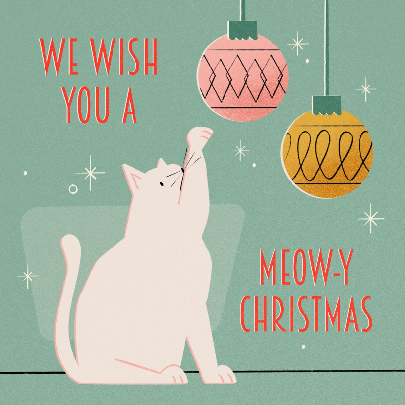 Kerstkaarten - Kerstkaartje retro met kat we wish you a meowy christmas