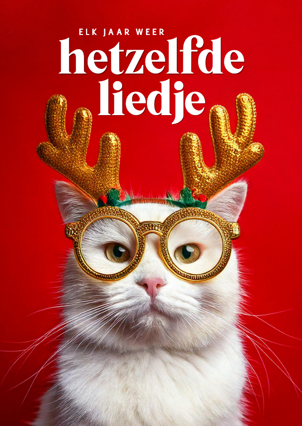 Kerstkaarten - Kerstkaartjes met humor boze kat met gewei hetzelfde liedje