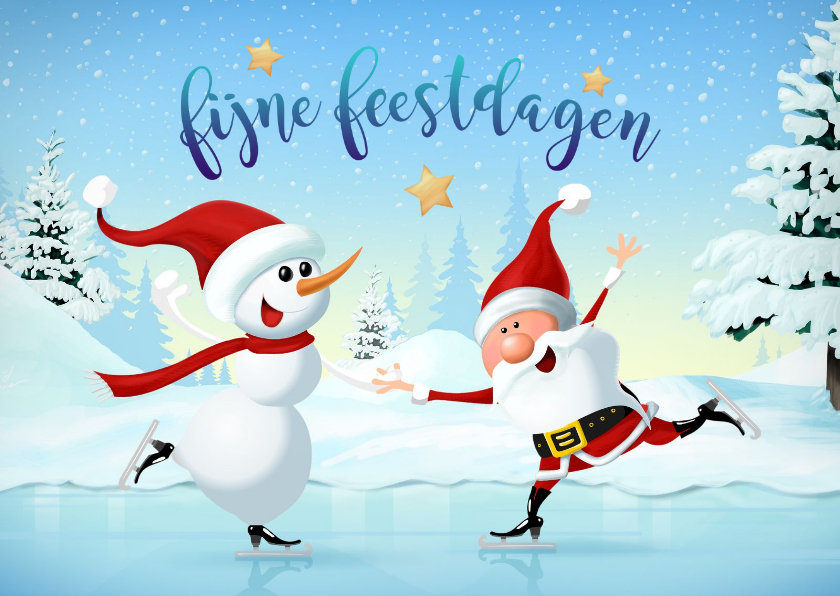 Kerstkaarten - Kerstman en sneeuwpop on ice