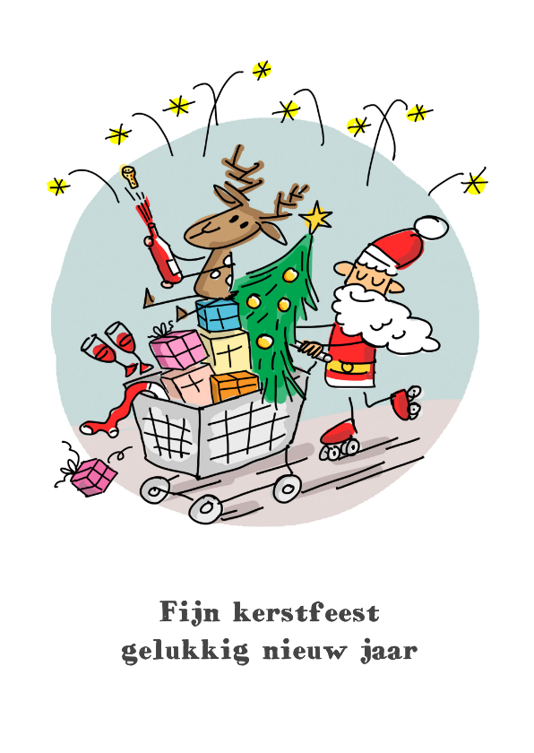 Kerstkaarten - Kerstman met rendier en kerstboom in een winkelwagen