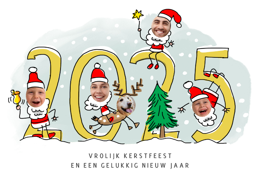 Kerstkaarten - Kerstmannetjes fotokaart voor 5 personen met jaartal