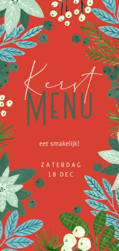 Kerstkaarten - Kerstmenu botanisch bloemen rood