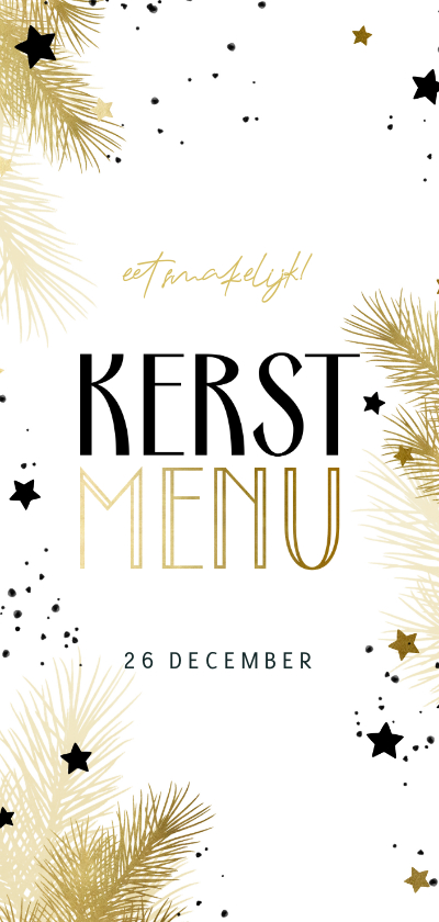 Kerstkaarten - Kerstmenu zwart-wit met kersttakjes en gouden sterren