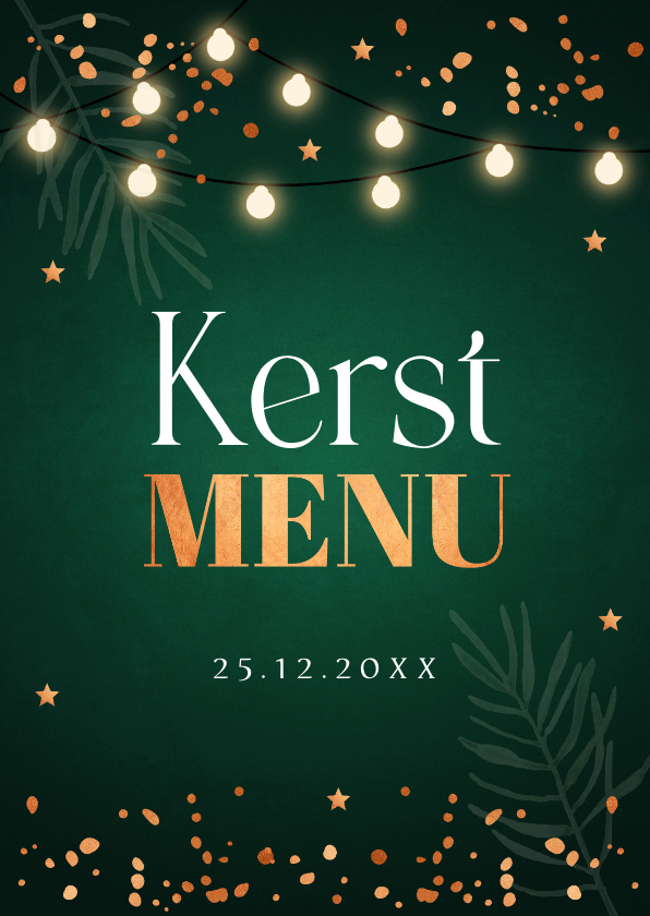 Kerstkaarten - Kerstmenukaart groen lampjes koperlook sterren