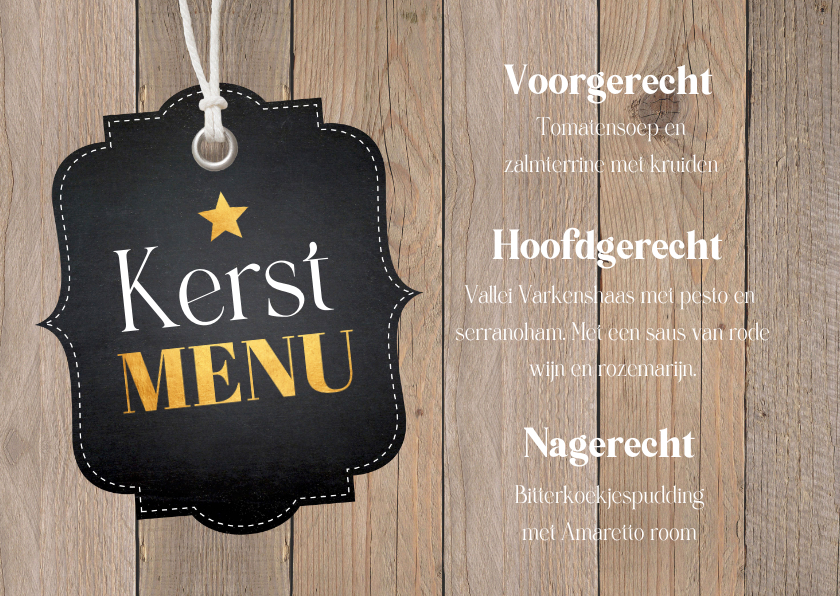 Kerstkaarten - Kerstmenukaart hout bruin goudlook en label zwart