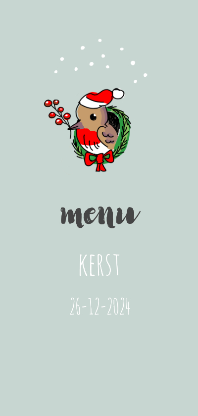 Kerstkaarten - Kerstmenukaart met roodborstje in een kerstkrans