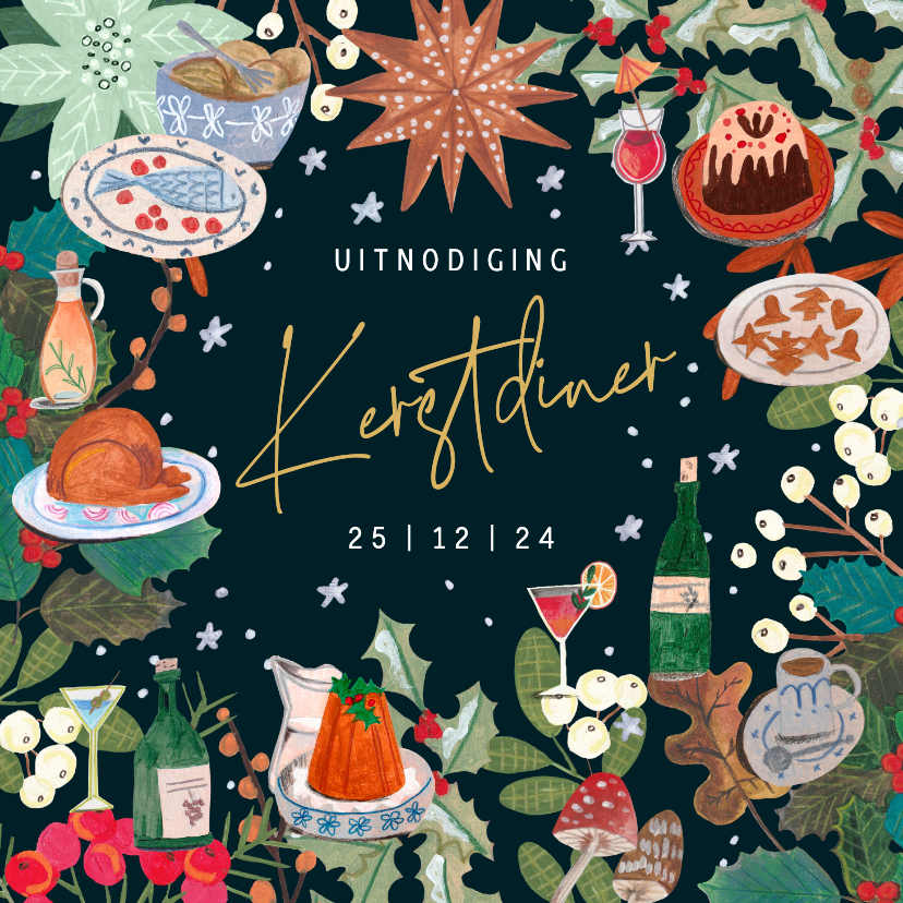 Kerstkaarten - Kerstuitnodiging diner illustraties