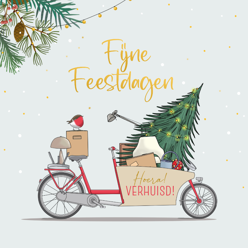 Kerstkaarten - Kerstverhuiskaart met bakfiets en kerstboom