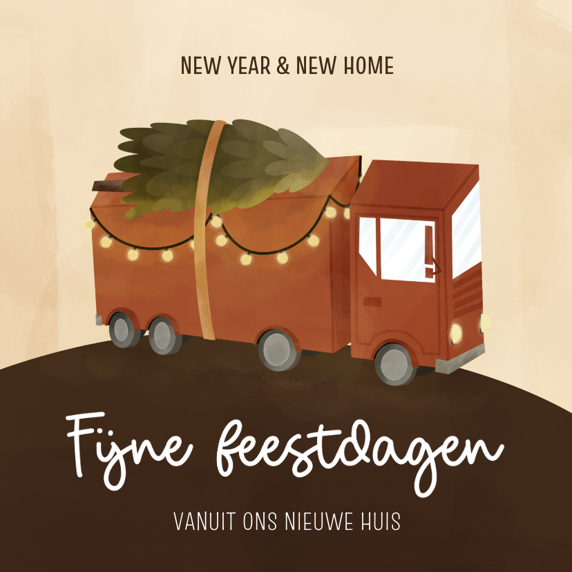 Kerstkaarten - Kerstverhuiskaart met vrachtwagen met kerstboom